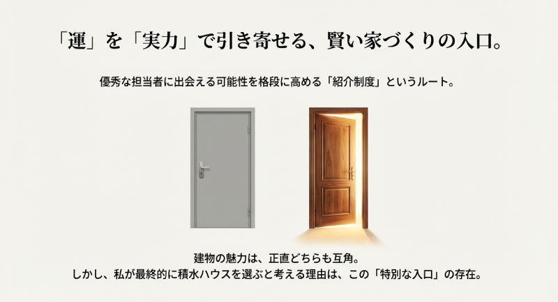 一般的な展示場訪問とは異なる、優秀な担当者に出会える可能性を高める紹介制度のイメージ図