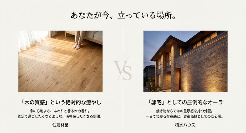 住友林業の「木の質感」による癒やしの空間と、積水ハウスの「邸宅」としての重厚な外観の比較イメージ