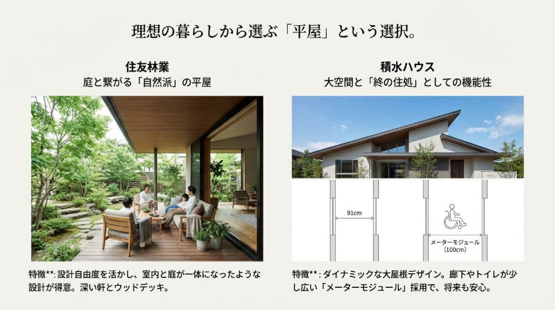 庭とつながる自然派の住友林業の平屋と、メーターモジュールでゆとりのある積水ハウスの平屋の比較図
