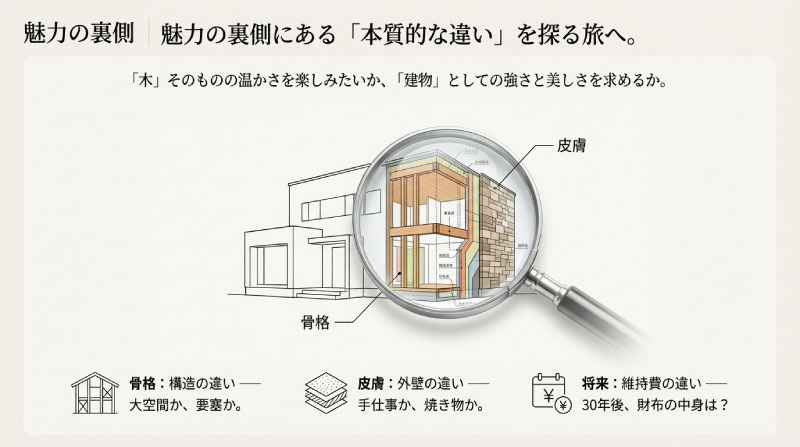 住宅を比較する視点としての「骨格（構造）」と「皮膚（外壁）」の概念図