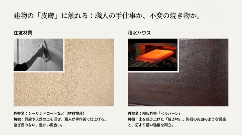 住友林業の職人による手仕事の吹付外壁と、積水ハウスの焼き物ならではの陶版外壁ベルバーンの質感比較