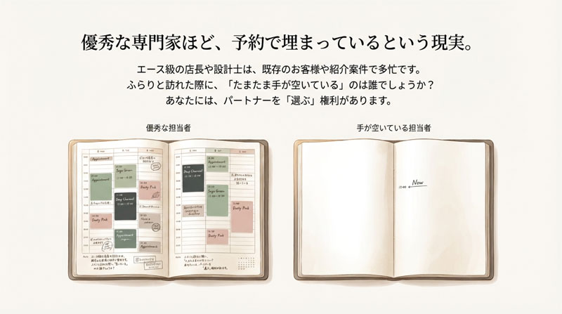 優秀な専門家は予約で埋まっているが、手が空いている担当者は誰か