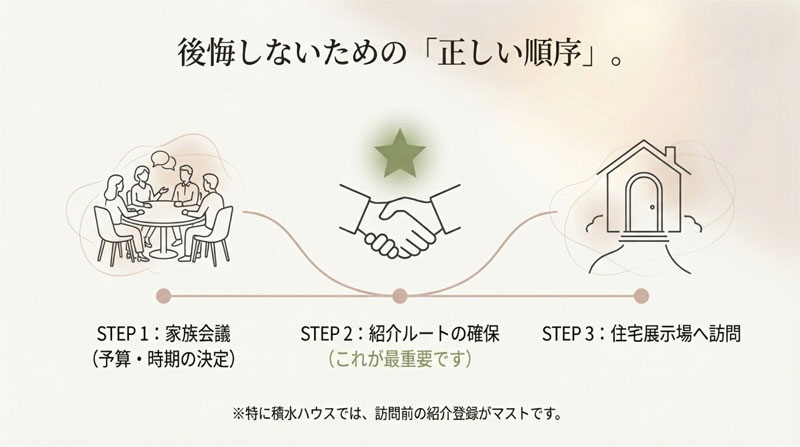 後悔しないための正しい順序:家族会議、紹介ルートの確保、展示場訪問