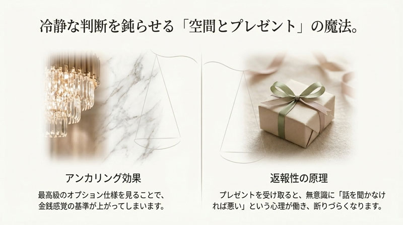冷静な判断を鈍らせる空間の豪華さとプレゼントの魔法(アンカリング効果・返報性の原理)